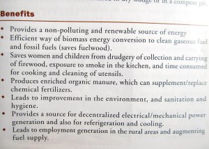 Extensive list of biogas benefits (Source: Indian Ministry of New and Renewable Energy)